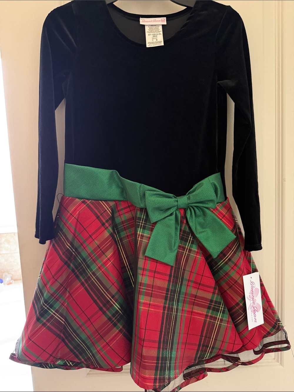 Elegant Bow Black & Red Plaid Girls' Holiday Dress